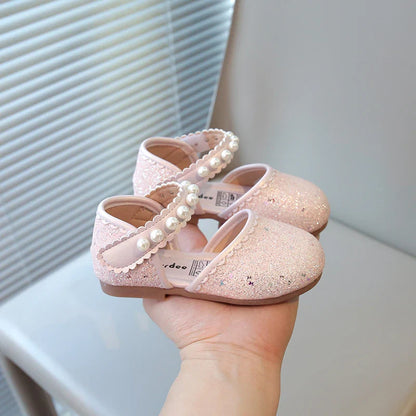 Girl's Princess Shoes Pearl Round Toe Glitter Sweet Kid's Flat Shoe Solid Colors Anti-slip Cute Party Daily Children Shoe