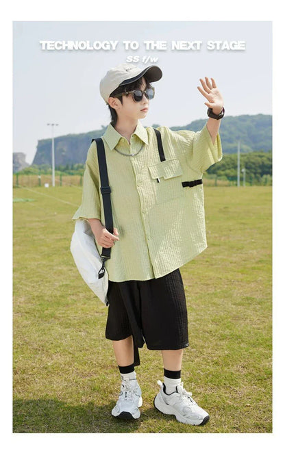 New Children Summer Thin Short Sleeved Shirt Shorts Two Piece Set Children Stylish Clothing Trend