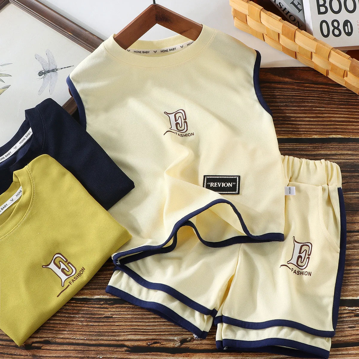 Kids Clothing Sets Summer Sleeveless T-shirt +shorts 2pcs/set Sport Suits for Boys Waffle Baby Sports Tracksuits Toddler Outfits