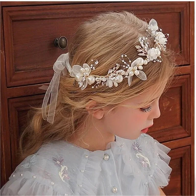 Elegant Girls Headband Lmitated Pearl Hair Headdress Baby Girls Flower Wreath Bride Garland Head Hoop Wedding Headbands Hair