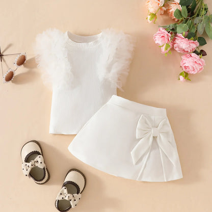 2Pcs Toddler Baby Girl Clothes Outfit Bubble Sleeve Patchwork Ruffle Top+Solid Color Flared Pants Fashion Set Fit 0-3 Years Set