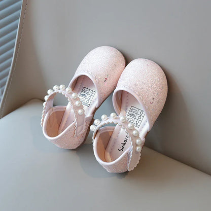 Girl's Princess Shoes Pearl Round Toe Glitter Sweet Kid's Flat Shoe Solid Colors Anti-slip Cute Party Daily Children Shoe
