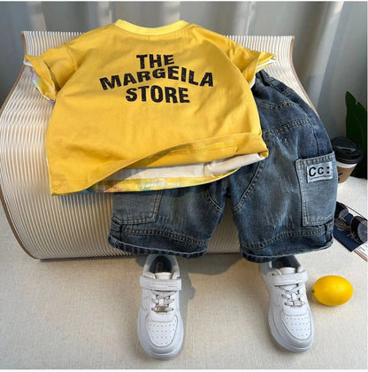 Hot Sale Fashion Baby Boy Suit Summer Clothes Short Sleeve T-shirt Short Jeans 2 Piece Set Kids Outfit Children's Costume