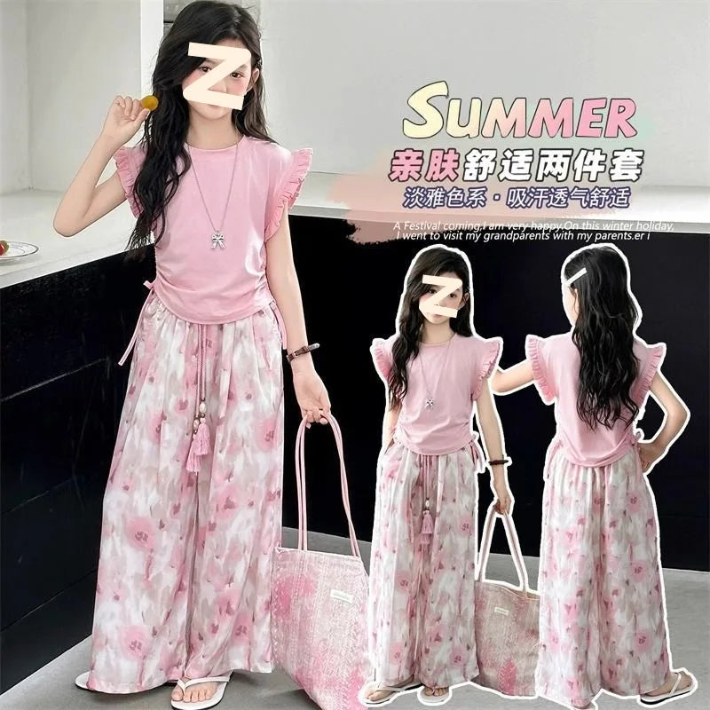 Children's Sets Girls Summer Thin Wide Leg Pants Set: Korean Trendy T-Shirt Two-Piece for Big Kids