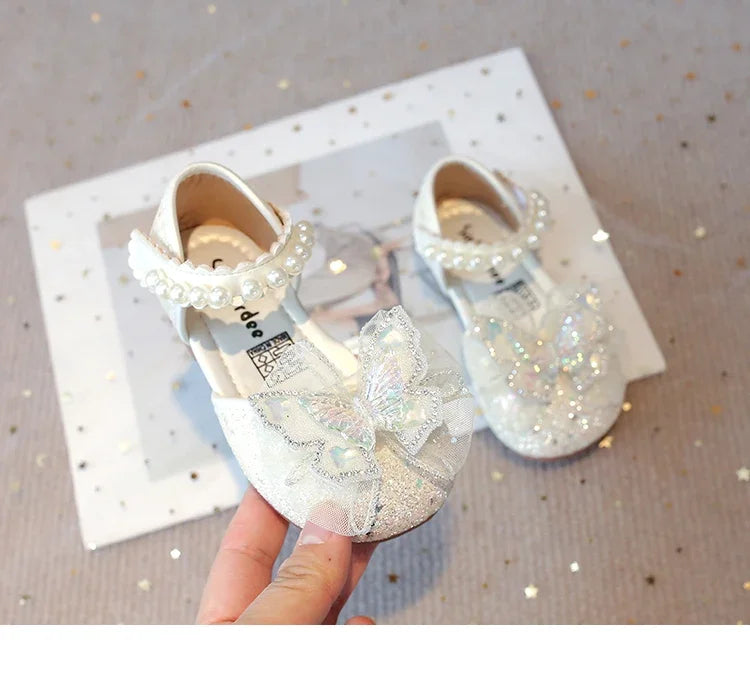 Girls Dress Shoes for Wedding Party Bling Sequins with Rhinestone Butterfly Sweet Princess Chic Kids Flat Shoes Lace Beaded