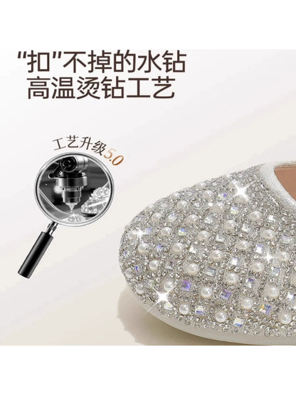 Autumn New Girls Single Princess Shoes Pearl Shallow Children's 2025 Comfortable Flat Shoes Kid Baby Rhinestone Bowknot Shoes
