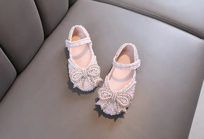 Girls Shoes Bling Single Shoes for Stage Performance Mary Janes Bow Crystal Glitter Wedding Flats Dance Party Leather Shoes New