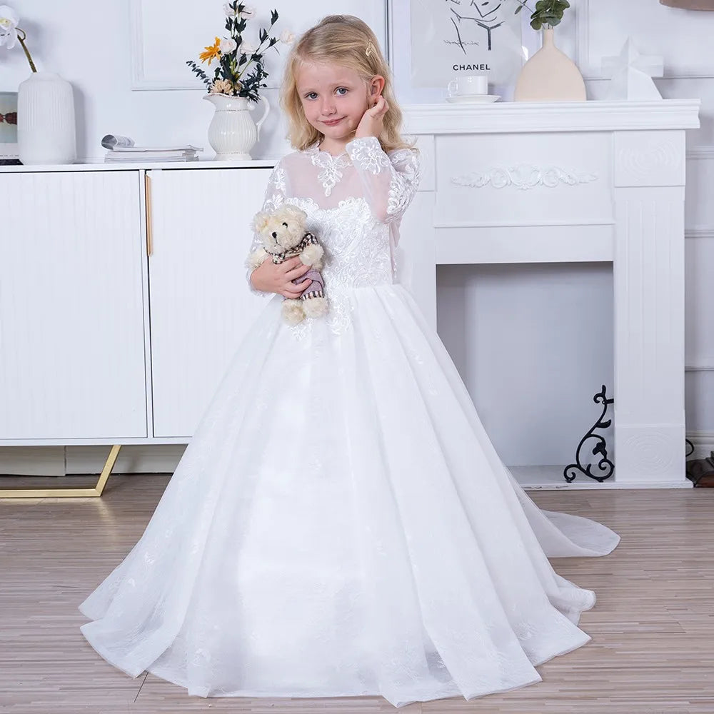 Girl Lace Appliques Princess Wedding Party Flower Girls Dresses Vintage Gown With Bow Kids First Communion Ball Gown