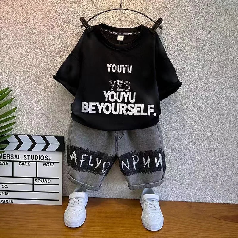 Baby Boys Summer Clothes Fashion Letter Short Sleeve T-Shirt Jeans Pants 2pcs Korean Kids Sport Set Kids Outfits