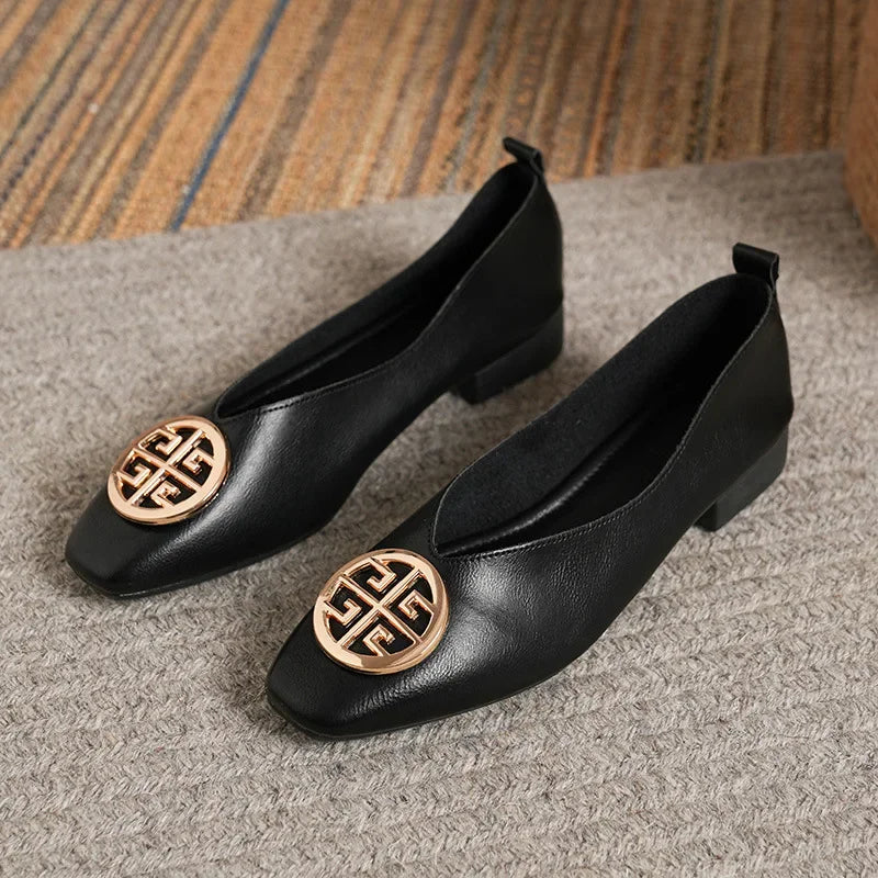 Women's square toe low heels solid color retro Casual flat shoes