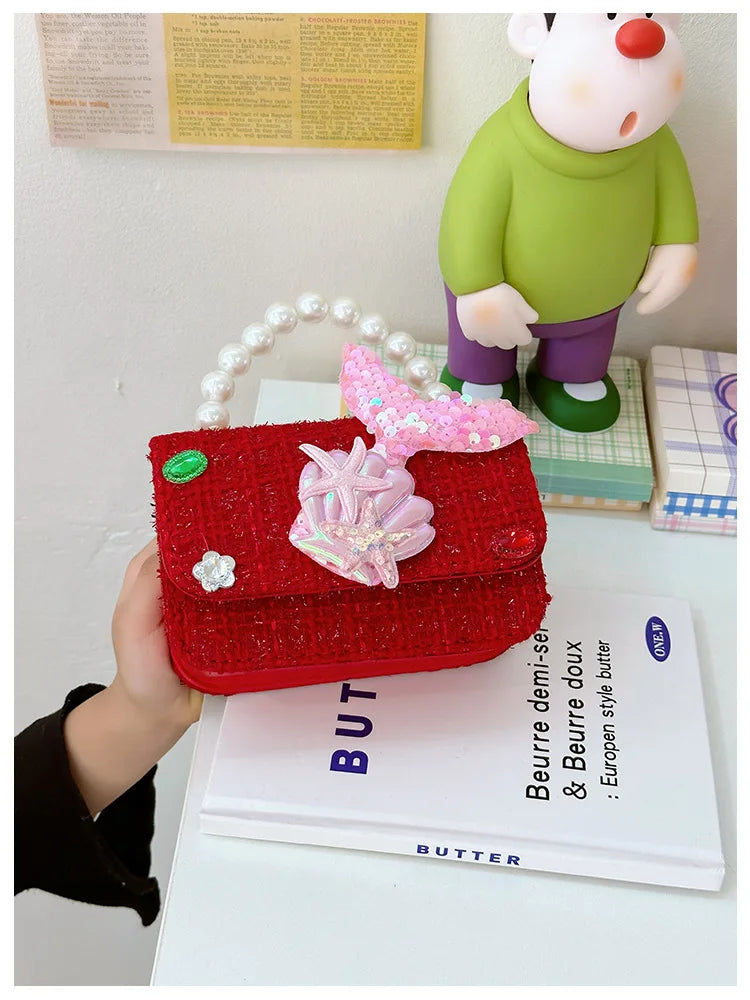 Sweet Bow Children's Small Square Shoulder Bag Sequin Lace Princess Girls Crossbody Bags Pearl Handle Coin Purse Handbags Gifts
