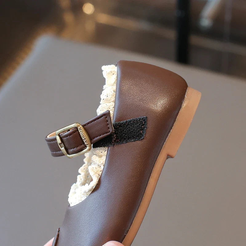 Children's Flats Simple Lolita Girls Princess Leather Shoes Walking Versatile Sweet Pleated Kids Causal Fashion Shoes