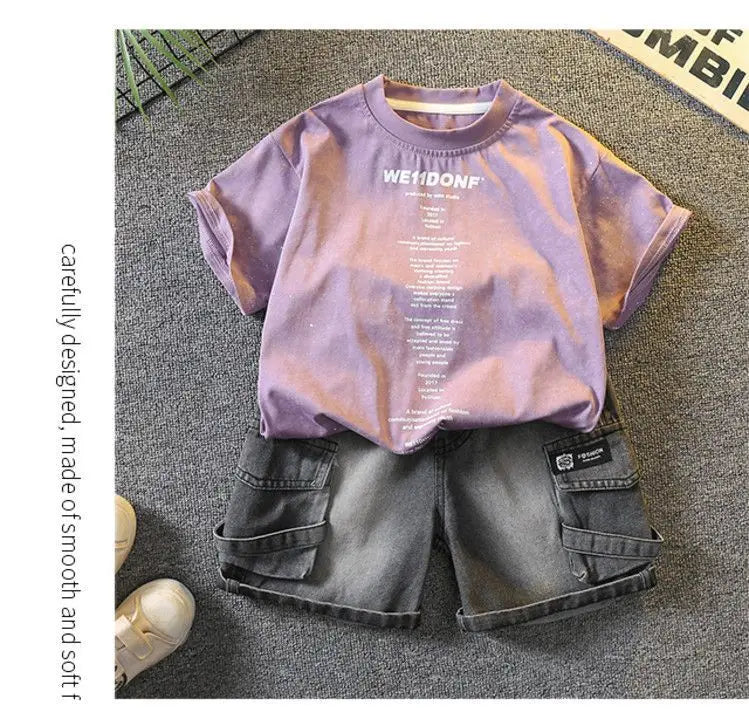 Baby Boys Summer Clothes Fashion Crew Neck Children Tracksuit Letter Printed T-shirt Denim Shorts 2pcs Suit Kids Outfit 2-11Y
