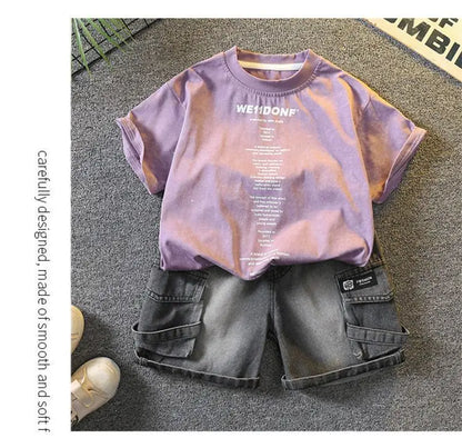 Baby Boys Summer Clothes Fashion Crew Neck Children Tracksuit Letter Printed T-shirt Denim Shorts 2pcs Suit Kids Outfit 2-11Y