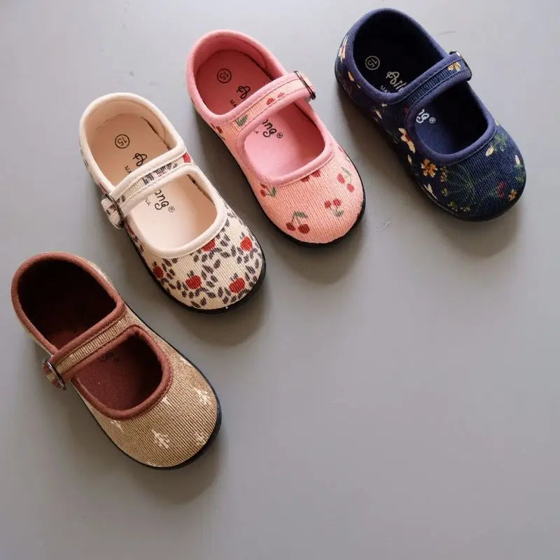 New Corduroy Floral Canvas Shoes Girls Square Mouth Indoor Shoes Soft Soled Non-slip Shoes