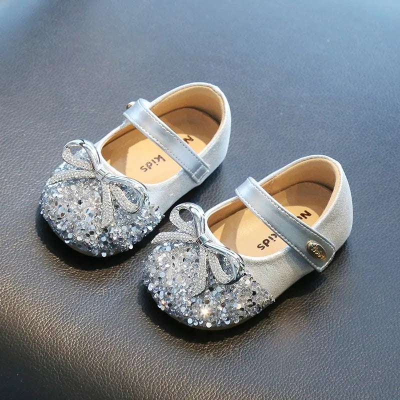 Bling Sequine Flats Shoes For Kids Princess Gold Silver Bowtie Dress Shoes For Toddler Girls Spring Autumn Causal Baby Walkers