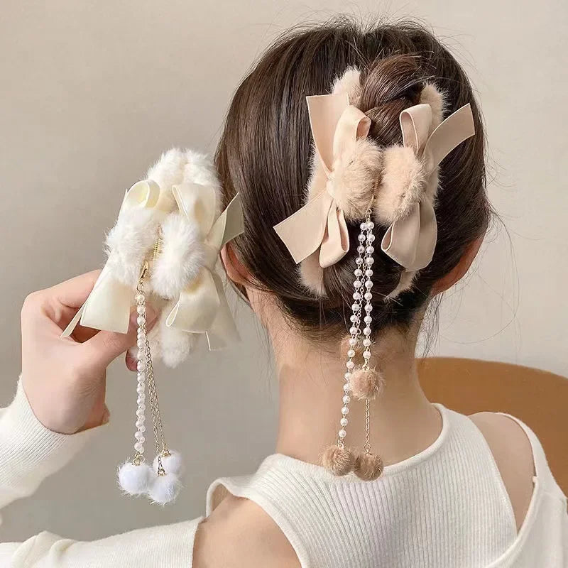 New Elegant Plush Hair Claw Plush Bow Tassel Temperament Girls Women Headdress Shark Clip Winter Accessories Hair Cute