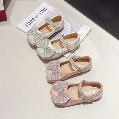 Children's Leather Shoes Bling Sequins Bowknot Princess Shoes for Girls Sweet Chic Kids Causal Wedding Shallow Versatile