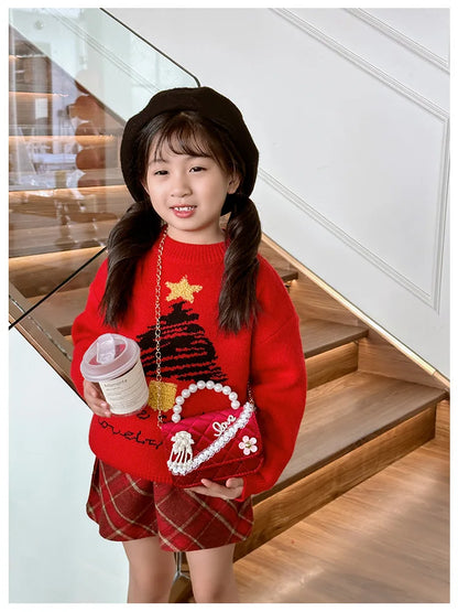 Sweet Bow Children's Small Square Shoulder Bag Sequin Lace Princess Girls Crossbody Bags Pearl Handle Coin Purse Handbags Gifts