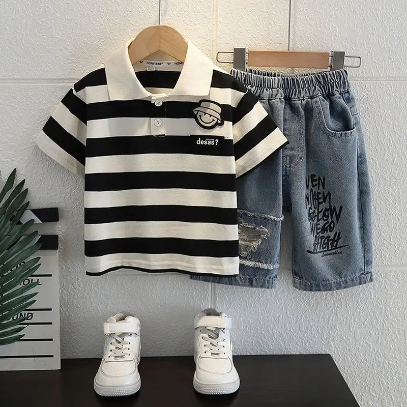 Boys 2025 Summer Outfit T-Shirt and Jeans Korean Polo Fashion 2PCS Casual Clothing Korean Reviews Top Toddler Kids Clothes Sets (Available)