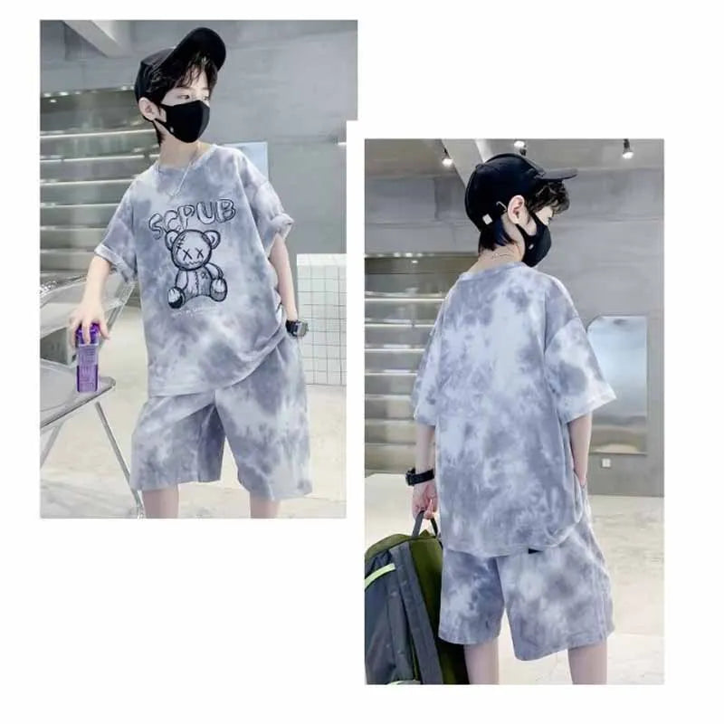 Boys Sports Suit Summer Cartoon Sets New Children's Short-Sleeved T-Shirt Shorts  Kids Fashion Loose Clothes Outfit