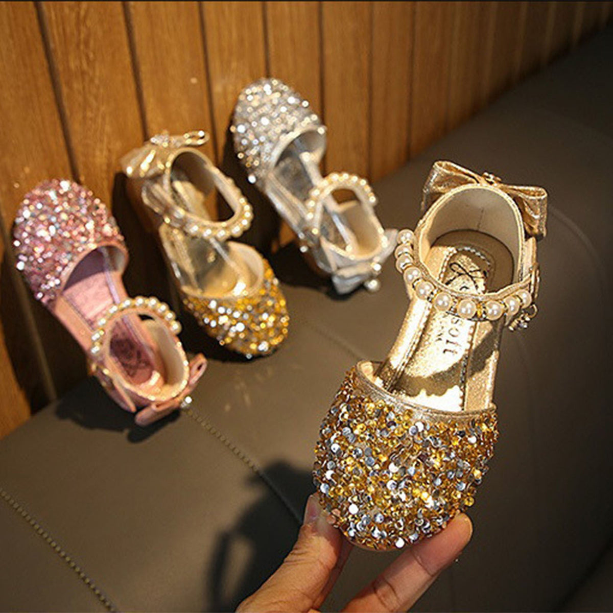 Summer Autumn Toddlers Princess Shoes, Sweet Style Little Girls Sequins Faux Pearl Decoration Sandals without Instep