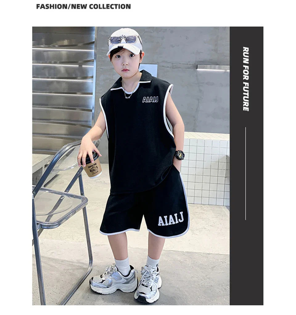 Boys Clothing Set American Style Children Vintage Vest Casual Sport Loose Pullover Sleeveless T-shirt Top Shorts Two-piece Set