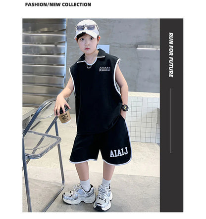 Boys Clothing Set American Style Children Vintage Vest Casual Sport Loose Pullover Sleeveless T-shirt Top Shorts Two-piece Set