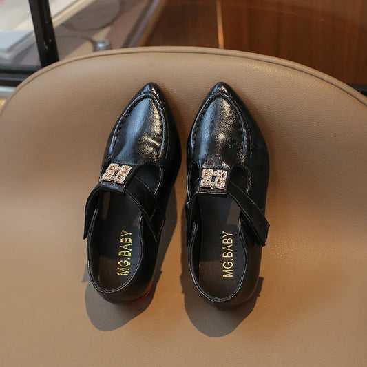 Fashion Girls' Shoes  Autumn New Kids Formal Pointed Leather Shoes Simple Versatile Girls' Rhinestone Casual Shoes Zapatos
