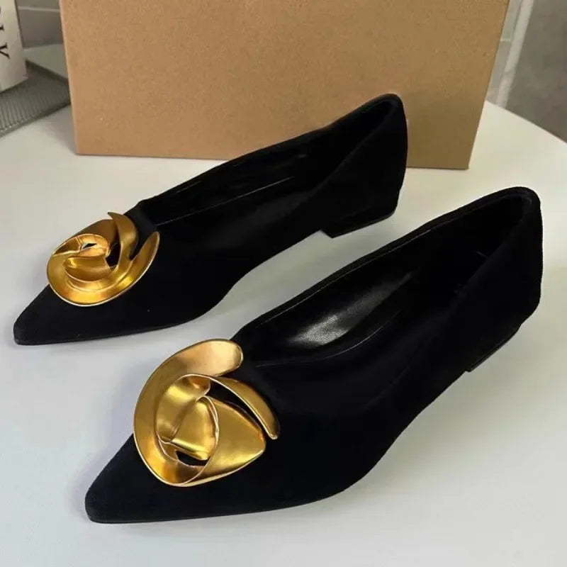Elegant Office Women's Dress Shoes  Summer New Black Shallow Pointed Toe Fashion Metal Flower Comfortable Ladies Flats