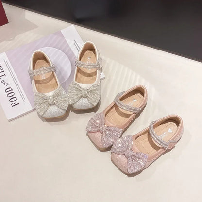 Children's Leather Shoes Bling Sequins Bowknot Princess Shoes for Girls Sweet Chic Kids Causal Wedding Shallow Versatile