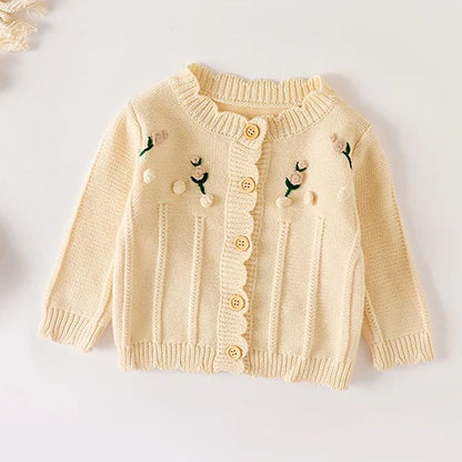 Winter Spring Baby Knitted Clothing Long Sleeved Floral Embroidery Knitting Coat Newborn Baby Girls Knitting Cardigan Sweater (Available)