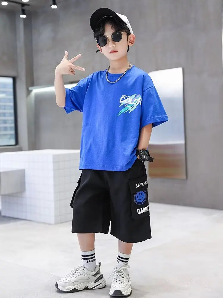 Summer 100% Cotton Boys Blue T-shirt Cool Graffiti Printed Girls Tees Short Sleeve Children Tops High Quality Kids Clothes