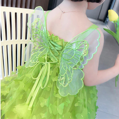 Fairy Girl Glitter Butterfly Wings Dress Summer New Kids Green Sling Princess Dresses Party Girls Costume  (Available)
