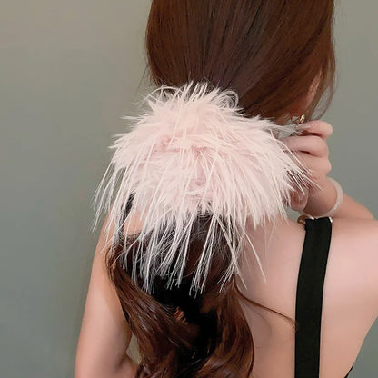 Large Feather Hair Rope Women Lady Elegant Black White Feather Elastic Hair Band Winter Headwear Fluffy Hair Scrunchy Hair Ring