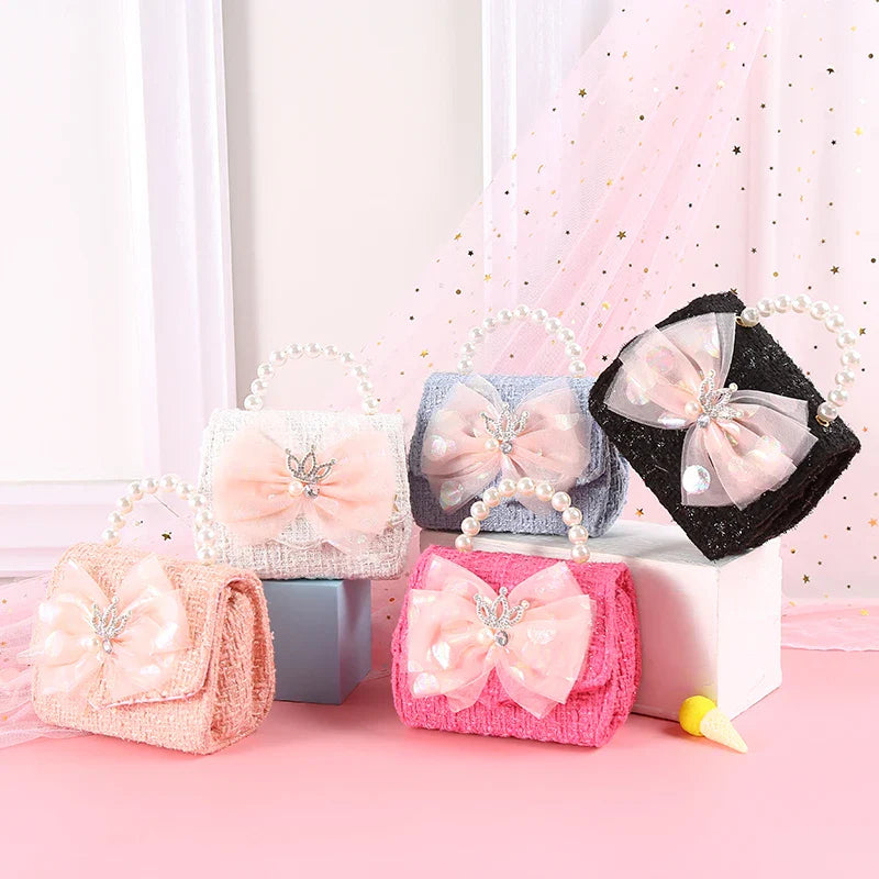 Pink Princess Crown Colorful Bow Children's Bag Fashion Hand-held Pearl Diagonal Girl Cross Body Shoulder Messenger Bags Purse