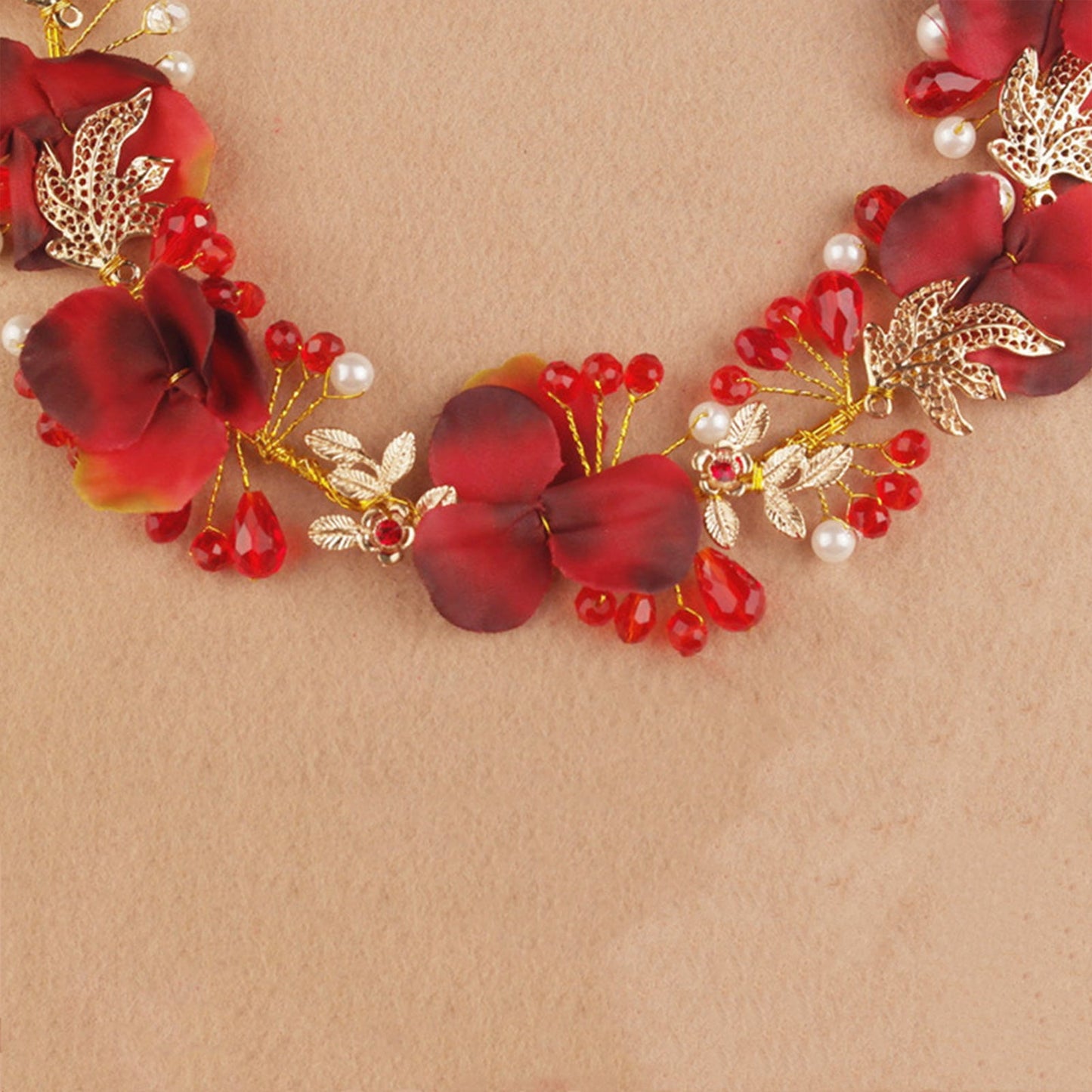 Artificial Flower Hairband Wedding Tiaras For Women Red Floral Pearl Headband Elegant Girls Hair Hoop Bridal Headwear Jewelry