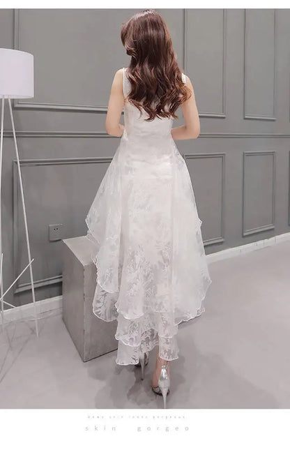 Summer High Low Retro Dress Vintage Women Sleeveless Front Back Short Long Organza Lace Dress Ladies Elegant Party Dress  (Available)
