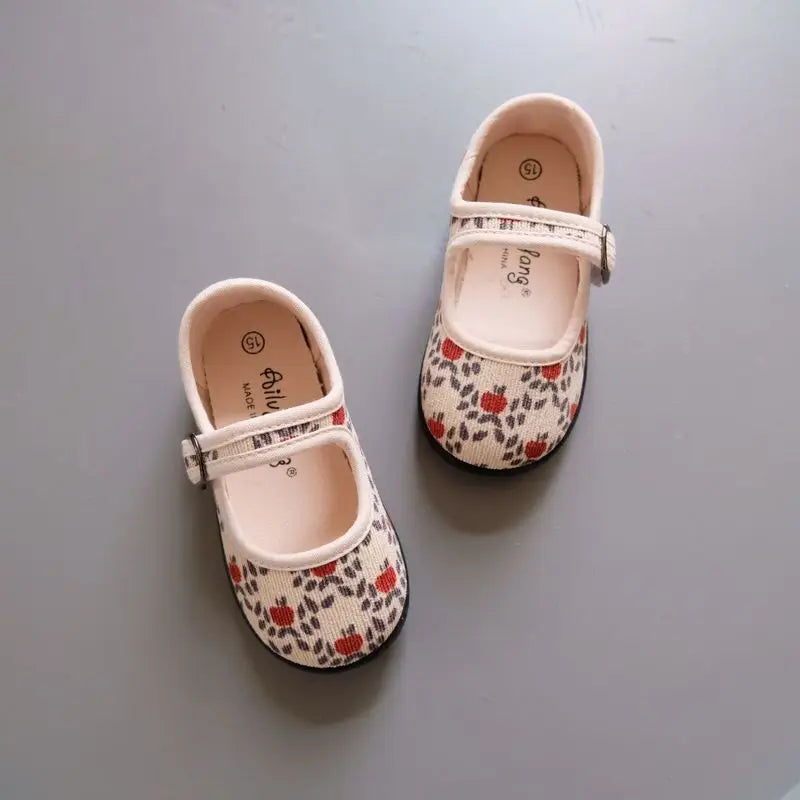 New Corduroy Floral Canvas Shoes Girls Square Mouth Indoor Shoes Soft Soled Non-slip Shoes