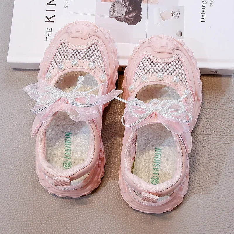Summer Children School Running Sandals Sweet Breathable Girls Mesh Sports Sandals Non-slip Fashion Kids Princess Cut-outs Shoes