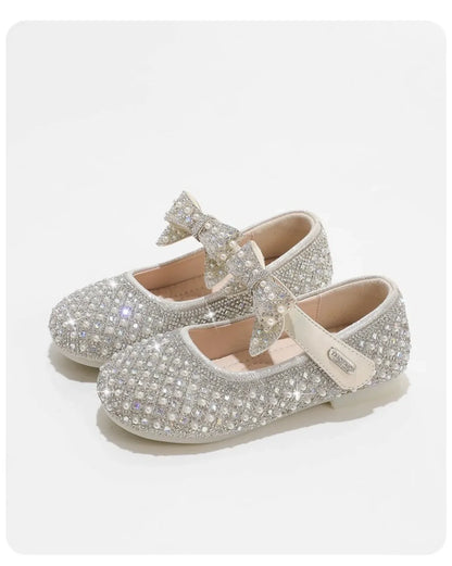 Autumn New Girls Single Princess Shoes Pearl Shallow Children's 2025 Comfortable Flat Shoes Kid Baby Rhinestone Bowknot Shoes