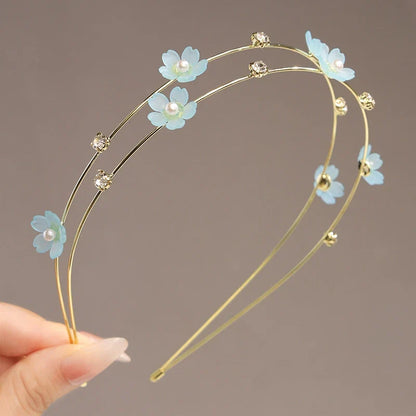 Double Layer Rhinestone Flower Hairbands for Women Fashion Elegant Metal Hair Hoop Korean Style Headwear Girls Hair Accessories