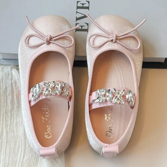 Girls' Rhinestone Princess Shoes Simple Versatile Kids Bow Leather Shoe Comfort Non Slip Girls Flat Casual Shoes