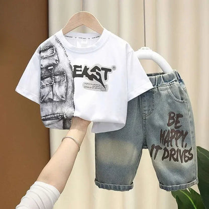 Boys Summer Clothing Set Letter Print Short Sleeved T-shirt+Denim Shorts 2Pcs Suit For Kids Handsome Casual Outfit