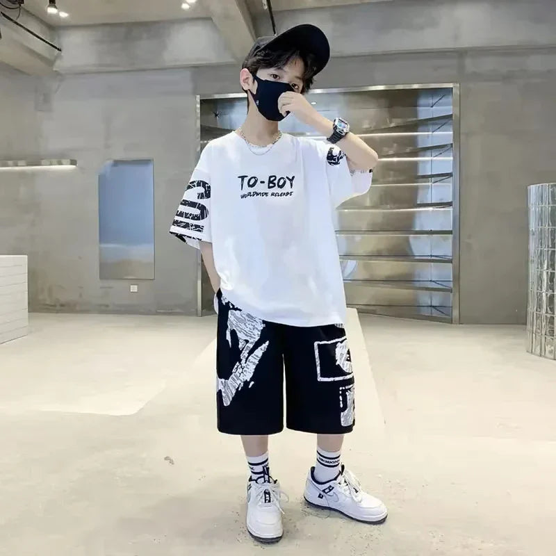 Boys' summer fashion casual sports  T-shirt+pants suitable for boys' hip-hop style fashion clothing set, lightweight and