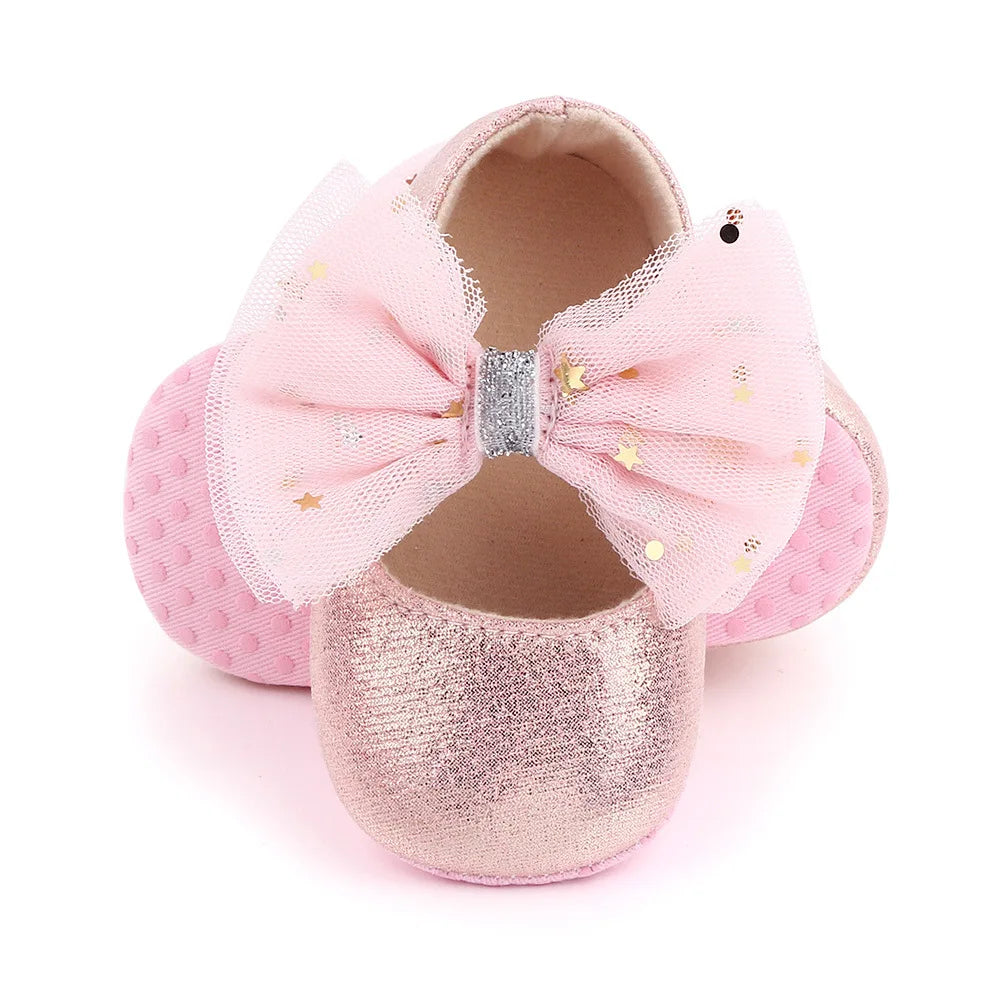 Spring and Autumn New Girl Baby Princess Shoes Mesh Bow 0-12 Months Baby Shoes Single Shoes Learning Walking Shoes