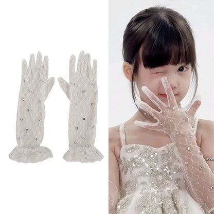 1 pair Lace Gloves for Little Kids Ages 3 to 12 Year Flower Girls Mittens White