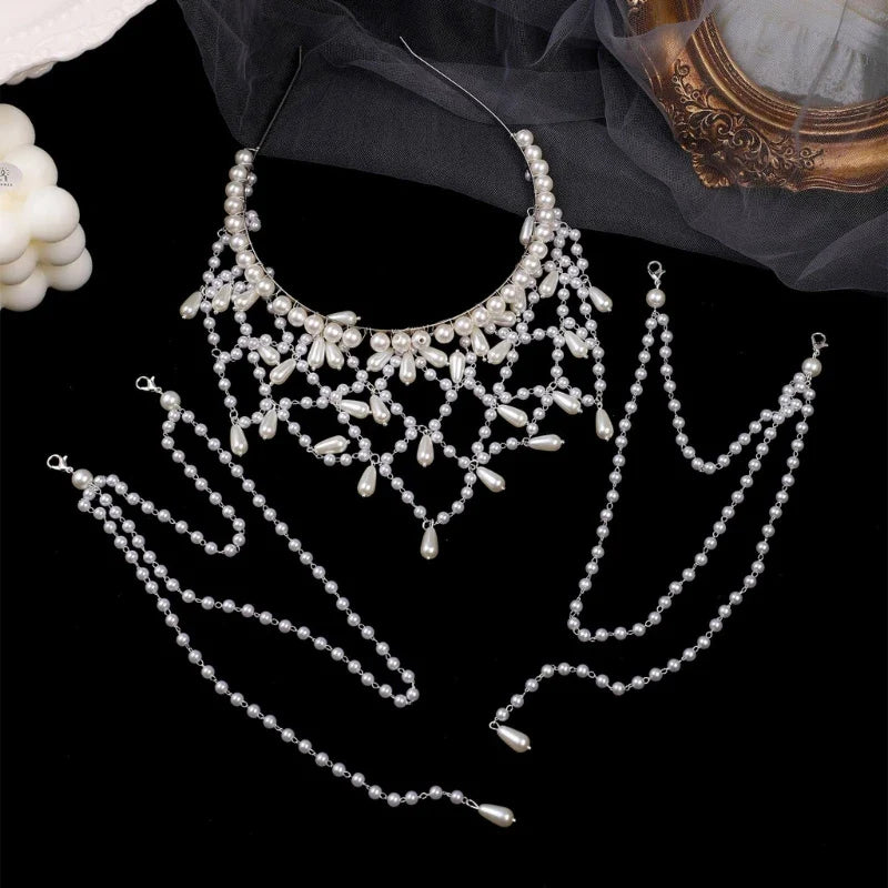 Handmade Imitation Pearls Bridal Hair Chain Elegant Wedding Headpiece Comfortable Headbands For Bride