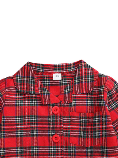 Girls Boys Plaid Homewear Set Long Sleeve Single Breasted Lapel Shirt Elastic Waist Long Pants Kids Autumn Pajamas Outfits