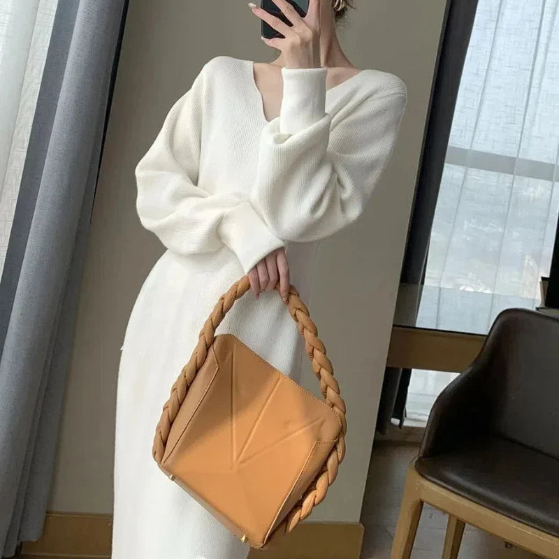 White Women's Dresses  Autumn Winter New V-neck French Style Dresses Vintage Elegant V-neck All-match Fashion Knitted Dress